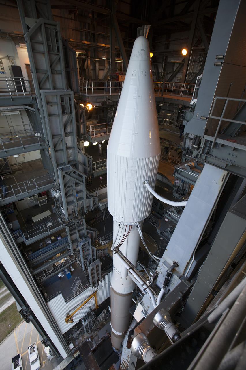 A United Launch Alliance Atlas V rocket is prepared for its move from the Vertical Integration Facility to the launch pad at Cape Canaveral Air Force Station's Space Launch Complex 41. A Cygnus spacecraft is scheduled to deliver 7,700 pounds of supplies and research experiments on the Orbital ATK CRS-6 mission to the International Space Station.
