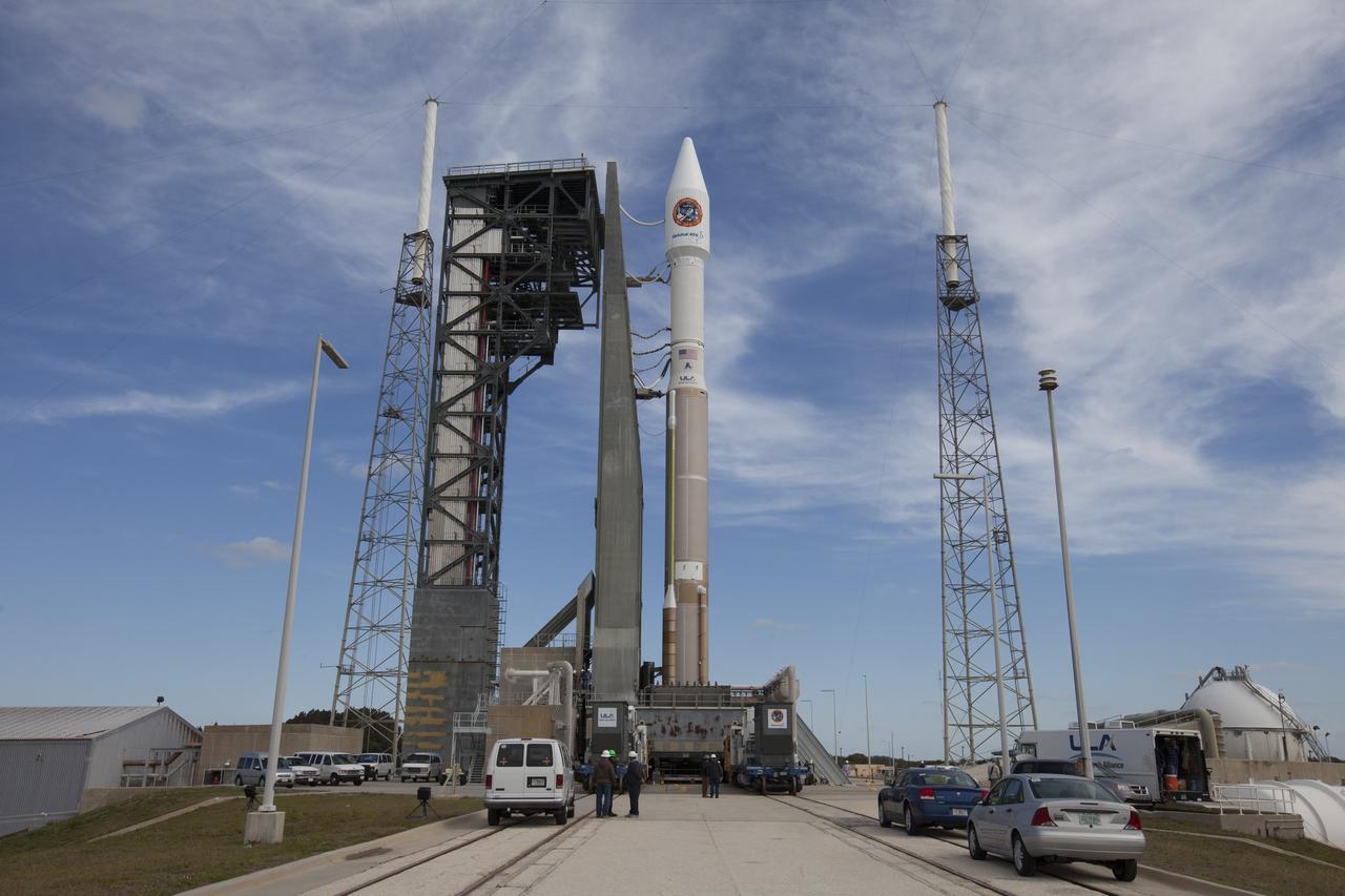 A United Launch Alliance Atlas V rocket arrives at the launch pad at Cape Canaveral Air Force Station's Space Launch Complex 41. A Cygnus spacecraft is scheduled to deliver 7,700 pounds of supplies and research experiments on the Orbital ATK CRS-6 mission to the International Space Station.