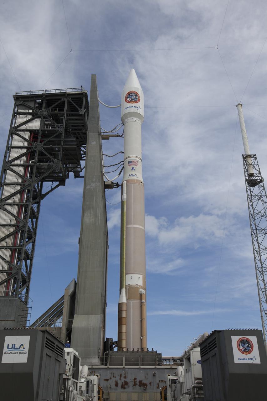 At Cape Canaveral Air Force Station's Space Launch Complex 41, a United Launch Alliance Atlas V rocket with a single-engine Centaur upper stage stands ready to boost an Orbital ATK Cygnus spacecraft on a resupply mission to the International Space Station. Science payloads include the second generation of a portable onboard printer to demonstrate three-dimensional printing, an instrument for first space-based observations of the chemical composition of meteors entering Earth’s atmosphere and an experiment to study how fires burn in microgravity.