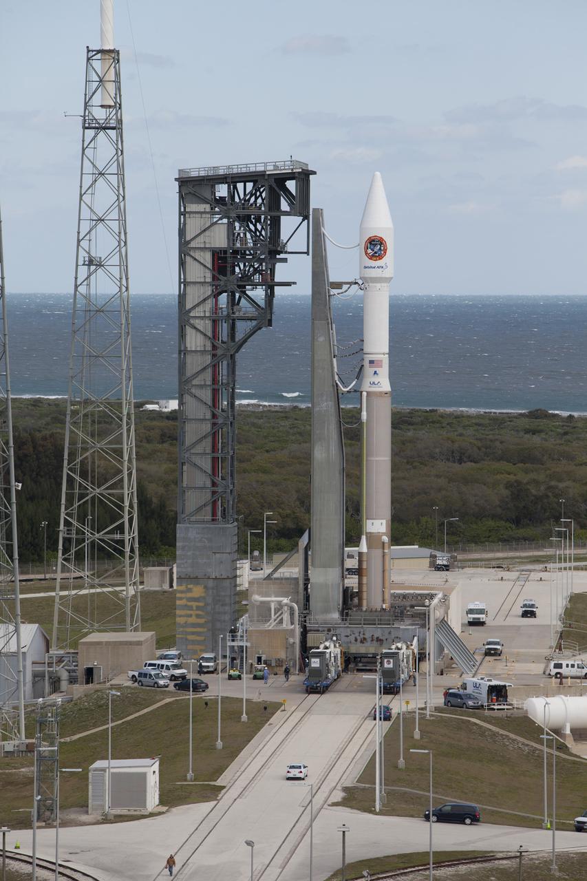 At Cape Canaveral Air Force Station's Space Launch Complex 41, a United Launch Alliance Atlas V rocket with a single-engine Centaur upper stage stands ready to boost an Orbital ATK Cygnus spacecraft on a resupply mission to the International Space Station. Science payloads include the second generation of a portable onboard printer to demonstrate three-dimensional printing, an instrument for first space-based observations of the chemical composition of meteors entering Earth’s atmosphere and an experiment to study how fires burn in microgravity.