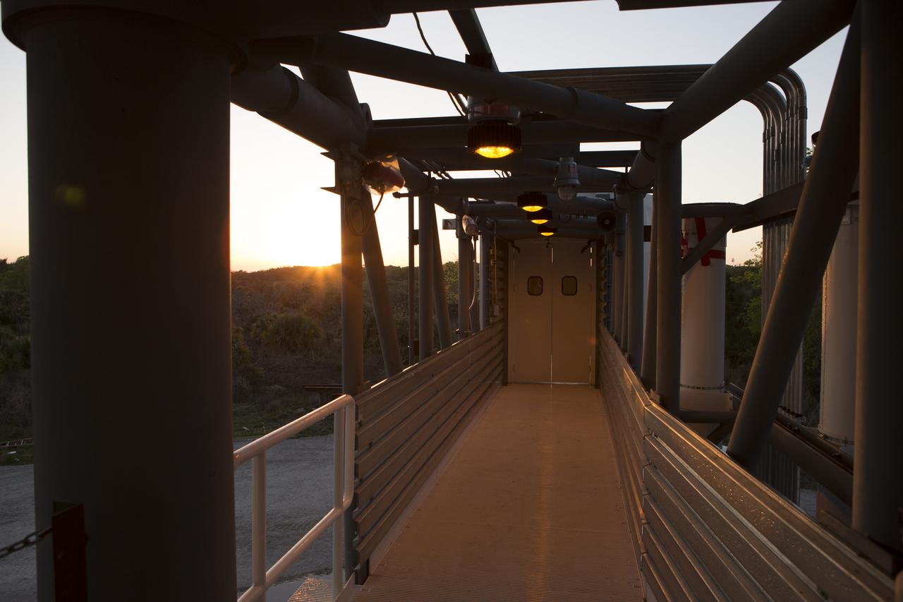 The walkway portion of the Crew Access Arm is seen prior to a deluge systems test March 23 at a construction yard near NASA's Kennedy Space Center in Florida. The arm is being tested before being installed on Space Launch Complex 41 Crew Access Tower later this year. It will be used as a bridge by astronauts to board Boeing's CST-100 Starliner spacecraft as it stands on the launch pad atop a United Launch Alliance Atlas V rocket.