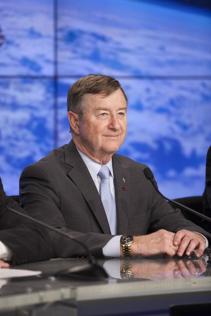 In the Press Site auditorium of NASA's Kennedy Space Center in Florida, Frank Culbertson, president of Orbital ATK's Space System Group, speaks to members of the news media at a post-launch news conference following the liftoff of Orbital ATK CRS-6, a commercial resupply services mission to the International Space Station, or ISS. The Cygnus spacecraft lifted off atop an Atlas V rocket from Space Launch Complex 41 at Cape Canaveral Air Force Station at 11:05 p.m. EDT.