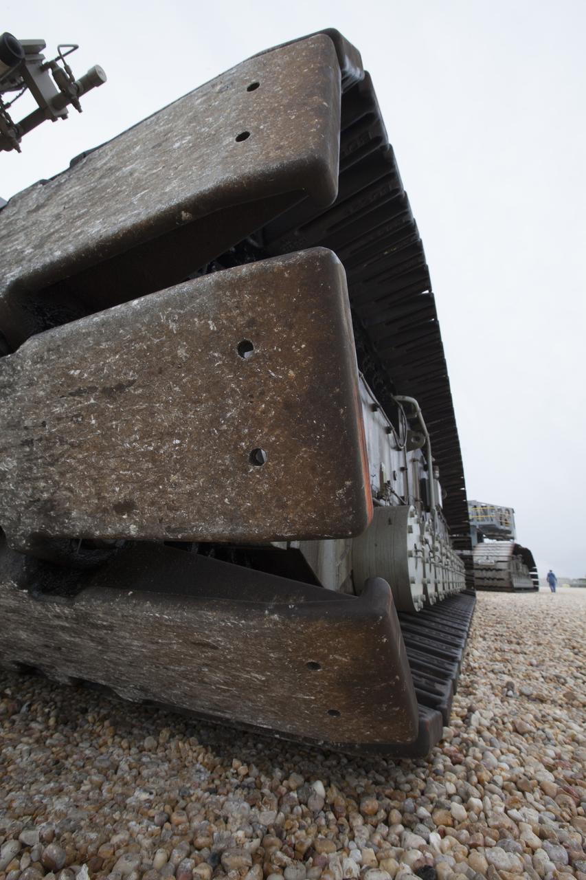 A close-up view of a section of cleats on one of the tracks that help propel NASA’s upgraded crawler-transporter 2 (CT-2) as the giant vehicle moves along the crawlerway toward the Vehicle Assembly Building (VAB) at NASA Kennedy Space Center in Florida. CT-2 was driven to Launch Pad 39B to test recently completed upgrades and modifications to ensure the vehicle will be ready to support NASA’s journey to Mars. The Ground Systems Development and Operations Program at Kennedy oversaw upgrades to the crawler in the VAB. The crawler will carry the mobile launcher with Orion atop the Space Launch System rocket to Pad 39B for Exploration Mission 1. 