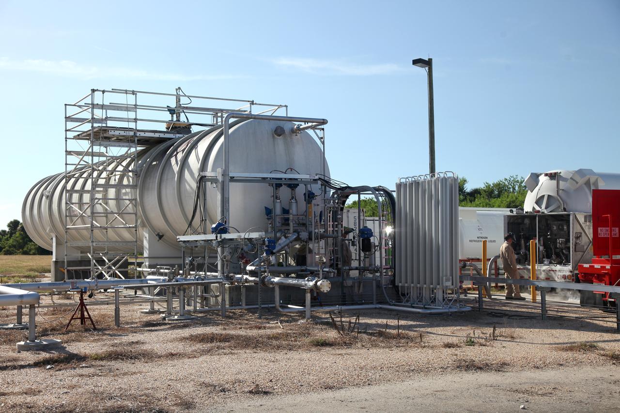 Engineers complete a test of the Ground Operations Demo Unit for liquid hydrogen at NASA's Kennedy Space Center in Florida. The system includes a 33,000 gallon liquid hydrogen storage tank with an internal cold heat exchanger supplied from a cryogenic refrigerator. The primary goal of the testing is to achieve a liquid hydrogen zero boil-off capability. The system was designed, installed and tested by a team of civil servants and contractors from the center's Cryogenic Test Laboratory, with support from engineers at NASA's Glenn Research Center in Cleveland and Stennis Space Center in Mississippi. It may be applicable for use by the Ground Systems Development and Operations Program at Launch Pad 39B.