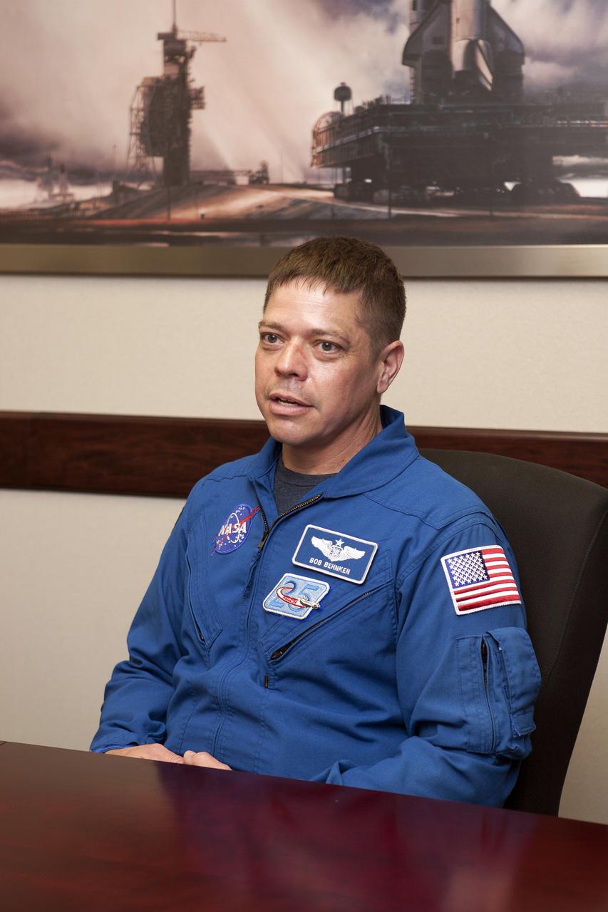Astronauts selected to train for the flight tests of NASA’s Commercial Crew Program talked to members of the media at the News Center at NASA’s Kennedy Space Center in Florida. During the discussion, astronaut Bob Behnken answers a question.