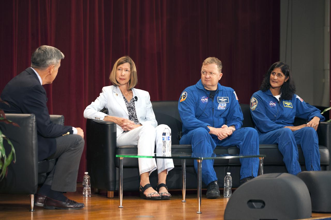 Astronauts selected to train for the flight tests of NASA’s Commercial Crew Program participated in a panel discussion with employees at NASA’s Kennedy Space Center in Florida. From left, are Kennedy Center Director Bob Cabana, Commercial Crew Program Manager Kathy Lueders, and astronauts Eric Boe and Suni Williams.