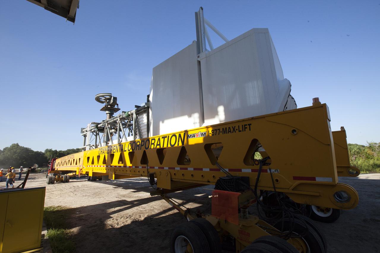 A heavy-lift transport truck, carrying the Crew Access Arm for Space Launch Complex 41, departs from Oak Hill, Florida, and heads to NASA’s Kennedy Space Center in Florida. The arm will be installed on the Complex 41 Crew Access Tower at Cape Canaveral Air Force Station. It will be used as a bridge by astronauts to board Boeing's CST-100 Starliner spacecraft as it stands on the launch pad atop a United Launch Alliance Atlas V rocket.