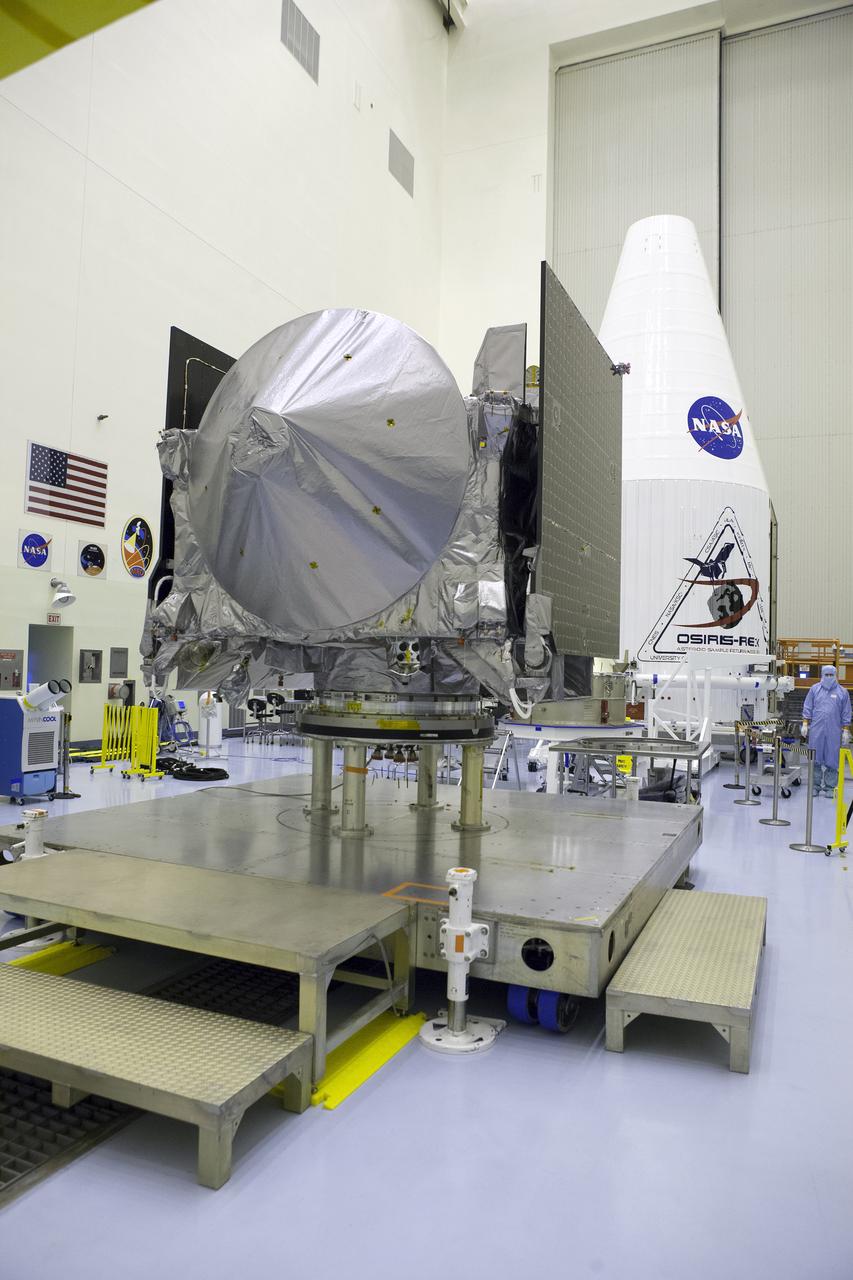 Inside the Payload Hazardous Servicing Facility at NASA's Kennedy Space Center in Florida, the agency’s Origins, Spectral Interpretation, Resource Identification, Security-Regolith Explorer, or OSIRIS-REx spacecraft is prepared for encapsulation in its payload fairing. Targeted for liftoff Sept. 8, 2016, OSIRIS-Rex will be the first U.S. mission to sample an asteroid, retrieve at least two ounces of surface material and return it to Earth for study. The asteroid, Bennu, may hold clues to the origin of the solar system and the source of water and organic molecules found on Earth.