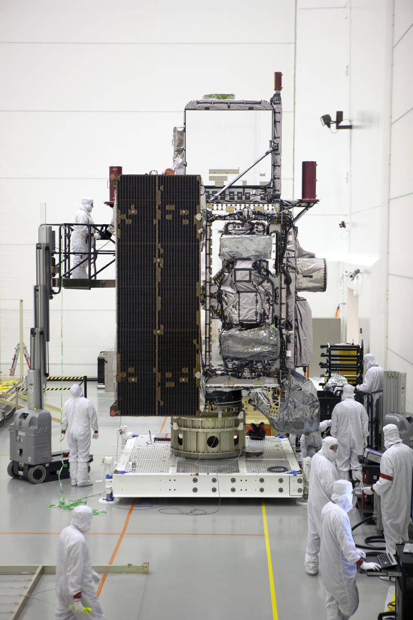 The GOES-R spacecraft is secured on its work stand inside the Astrotech payload processing facility in Titusville, Florida near NASA’s Kennedy Space Center. GOES-R will be the first satellite in a series of next-generation NOAA Geostationary Operational Environmental Satellites. The spacecraft is to launch aboard a United Launch Alliance Atlas V rocket in November.