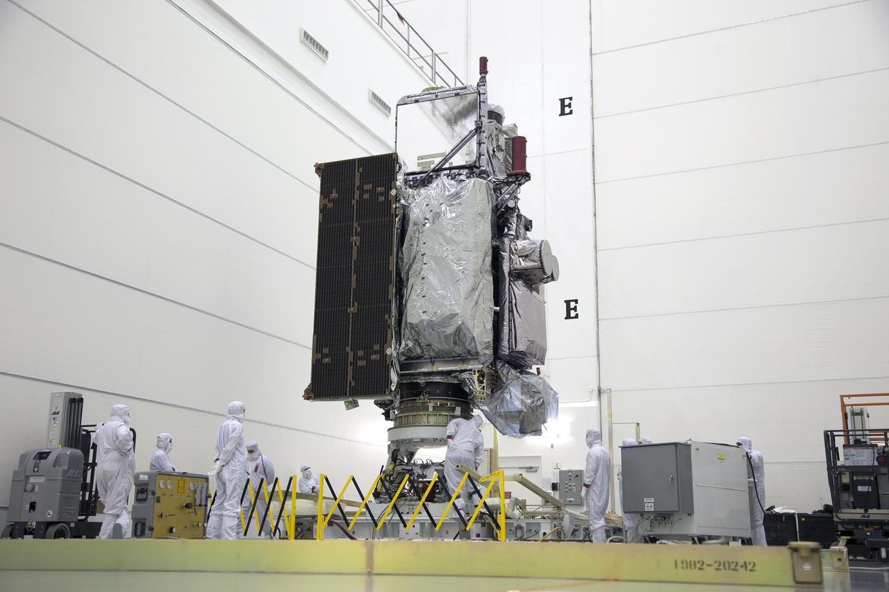 The GOES-R spacecraft stands vertically inside the Astrotech payload processing facility in Titusville, Florida near NASA’s Kennedy Space Center. GOES-R will be the first satellite in a series of next-generation NOAA Geostationary Operational Environmental Satellites. The spacecraft is to launch aboard a United Launch Alliance Atlas V rocket in November.