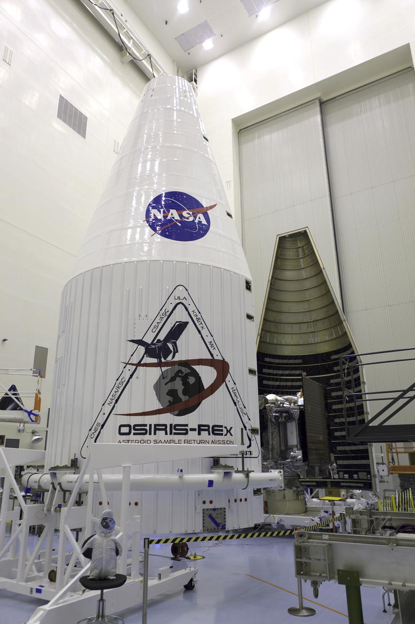 Inside the Payload Hazardous Servicing Facility at NASA's Kennedy Space Center in Florida, the agency’s Origins, Spectral Interpretation, Resource Identification, Security-Regolith Explorer, or OSIRIS-REx spacecraft is encapsulated in its payload fairing. Targeted for liftoff at 7:05 p.m. EDT Sept. 8, 2016, OSIRIS-Rex will be the first U.S. mission to sample an asteroid, retrieve at least two ounces of surface material and return it to Earth for study. The asteroid, Bennu, may hold clues to the origin of the solar system and the source of water and organic molecules found on Earth.
