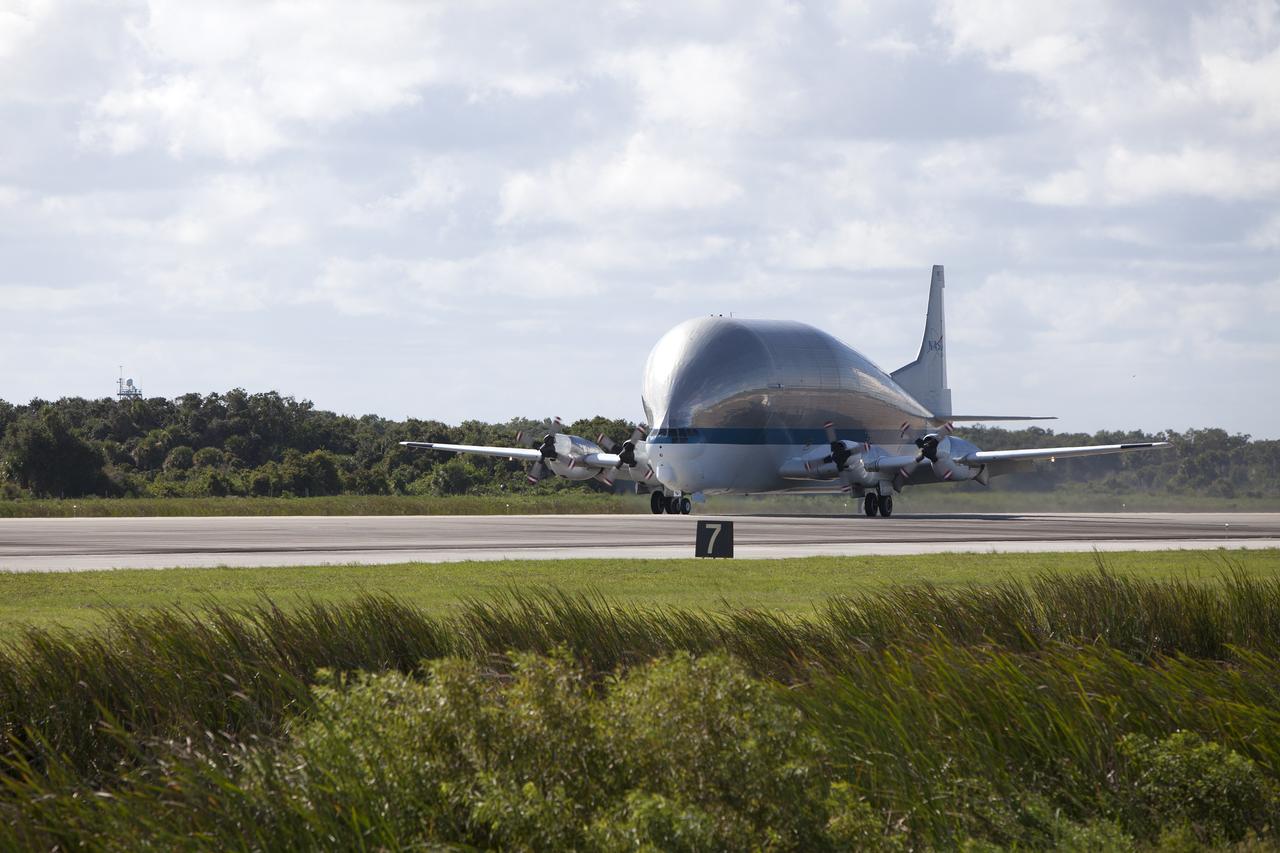 NASA’s Super Guppy aircraft touched down at the Shuttle Landing Facility, managed and operated by Space Florida, at the agency’s Kennedy Space Center in Florida, carrying the heat shield for Exploration Mission 1 (EM-1). The heat shield will be offloaded and transported to the Neil Armstrong Operations and Checkout Building high bay for processing. The heat shield arrived from manufacturer Lockheed Martin in Denver. The Orion spacecraft will launch atop NASA’s Space Launch System rocket on EM-1, an uncrewed test flight, in 2018. 