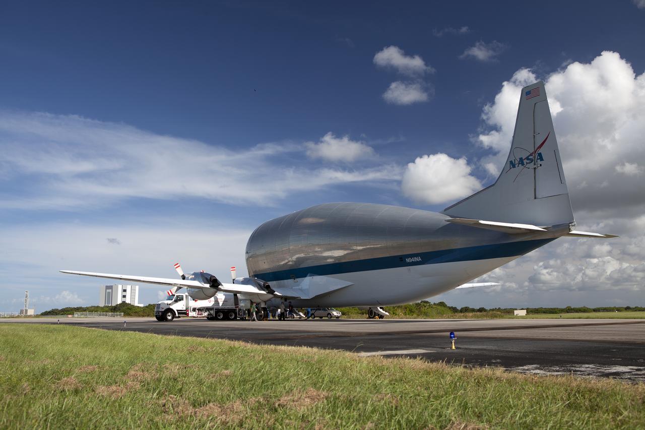 NASA’s Super Guppy aircraft touched and came to a stop at the Shuttle Landing Facility, managed and operated by Space Florida, at the agency’s Kennedy Space Center in Florida, carrying the heat shield for Exploration Mission 1 (EM-1). The heat shield will be offloaded and transported to the Neil Armstrong Operations and Checkout Building high bay for processing. The heat shield arrived from manufacturer Lockheed Martin in Denver. The Orion spacecraft will launch atop NASA’s Space Launch System rocket on EM-1, an uncrewed test flight, in 2018. 