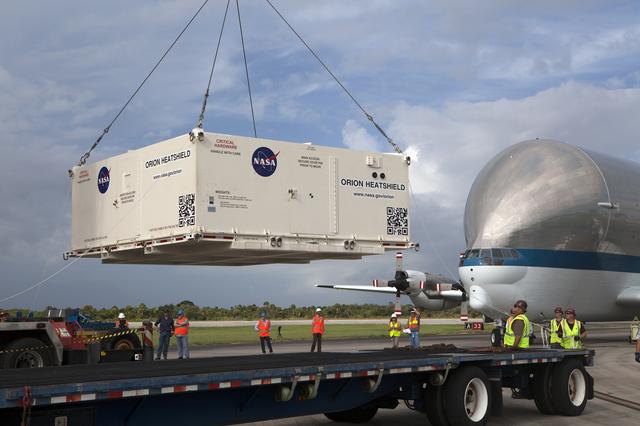 NASA image: Orion EM-1 Heat Shield Offload, Transport, and Lift