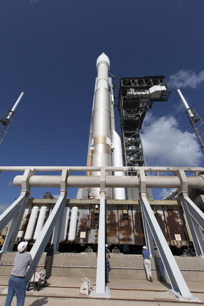 The United Launch Alliance Atlas V rocket arrives at Space Launch Complex 41 at Cape Canaveral Air Force Station in Florida. The launch vehicle will boost NASA’s Origins, Spectral Interpretation, Resource Identification, Security-Regolith Explorer, or OSIRIS-REx spacecraft. This will be the first U.S. mission to sample an asteroid, retrieve at least two ounces of surface material and return it to Earth for study. The asteroid, Bennu, may hold clues to the origin of the solar system and the source of water and organic molecules found on Earth. 