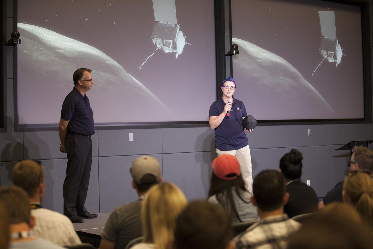 Social media followers were briefed by NASA scientists on asteroids, how they relate to the origins of our solar system and the search for life beyond Earth, during a NASA Social presentation in the Operations Support Building II at the agency’s Kennedy Space Center in Florida. The presentation took place before launch of the agency’s Origins, Spectral Interpretation, Resource Identification, Security-Regolith Explorer, or OSIRIS-REx spacecraft. From the left, are Dante Lauretta, OSIRIS-REx principal investigator from the University of Arizona at Tucson, and Christina Richey, OSIRIS-REx deputy program scientists at NASA Headquarters in Washington.