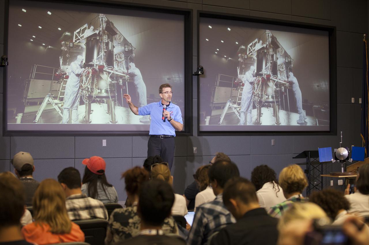 Tim Linn, chief system engineer with Lockheed Martin, discusses the unique design of the OSIRIS-REx spacecraft during a NASA Social with social media followers in the Operations Support Building II at NASA’s Kennedy Space Center in Florida. The presentation took place before launch of the agency’s Origins, Spectral Interpretation, Resource Identification, Security-Regolith Explorer, or OSIRIS-REx spacecraft.