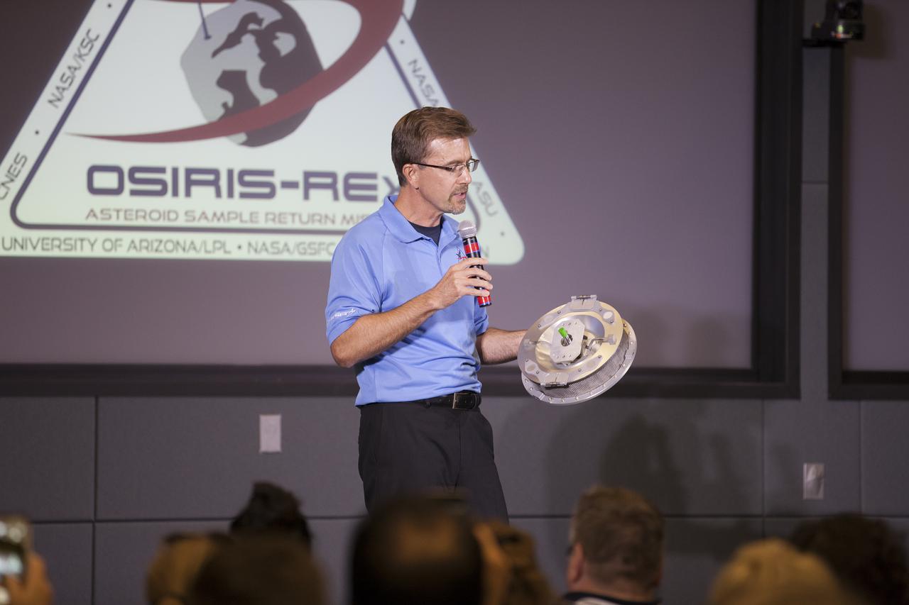 Tim Linn, chief system engineer with Lockheed Martin, discusses the unique design of the OSIRIS-REx spacecraft during a NASA Social with social media followers in the Operations Support Building II at NASA’s Kennedy Space Center in Florida. The presentation took place before launch of the agency’s Origins, Spectral Interpretation, Resource Identification, Security-Regolith Explorer, or OSIRIS-REx spacecraft.