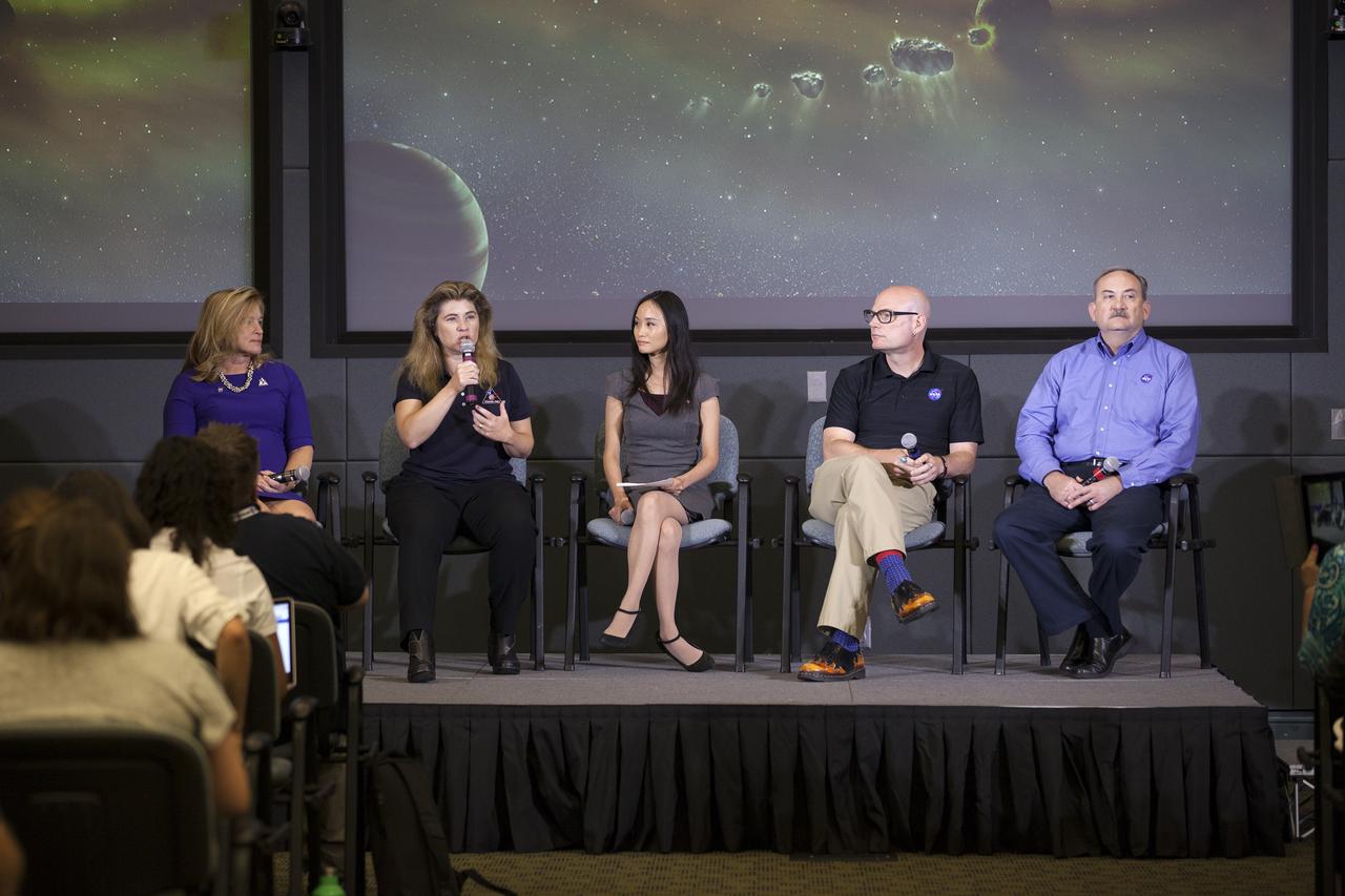 In a panel discussion in the Kennedy Space Center’s Operations Support Building II, social media followers were briefed by NASA scientists on asteroids, how they relate to the origins of our solar system and the search for life beyond Earth. The discussion took place before launch of the agency’s Origins, Spectral Interpretation, Resource Identification, Security-Regolith Explorer, or OSIRIS-REx spacecraft. Panelists for this conversation are, from the left, Ellen Stofan, NASA chief scientist; Michelle Thaller, deputy director of science communications for NASA’s Science Mission Directorate; Felicia Chou, NASA Communications; Alex Young, associate director for science in the Heliophysics Science Division at NASA’s Goddard Space Flight Center in Greenbelt, Maryland; and Lindley Johnson, director of the Planetary Defense Coordination Office in NASA’s Science Mission Directorate.
