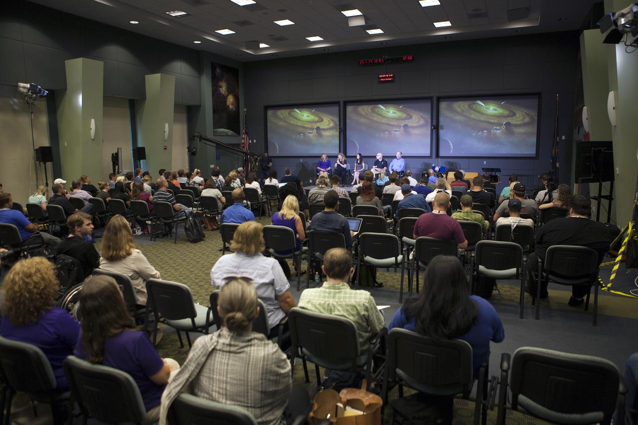 In a panel discussion in the Kennedy Space Center’s Operations Support Building II, social media followers were briefed by NASA scientists on asteroids, how they relate to the origins of our solar system and the search for life beyond Earth. The discussion took place before launch of the agency’s Origins, Spectral Interpretation, Resource Identification, Security-Regolith Explorer, or OSIRIS-REx spacecraft. Panelists for this conversation are, from the left, Ellen Stofan, NASA chief scientist; Michelle Thaller, deputy director of science communications for NASA’s Science Mission Directorate; Felicia Chou, NASA Communications; Alex Young, associate director for science in the Heliophysics Science Division at NASA’s Goddard Space Flight Center in Greenbelt, Maryland; and Lindley Johnson, director of the Planetary Defense Coordination Office in NASA’s Science Mission Directorate.