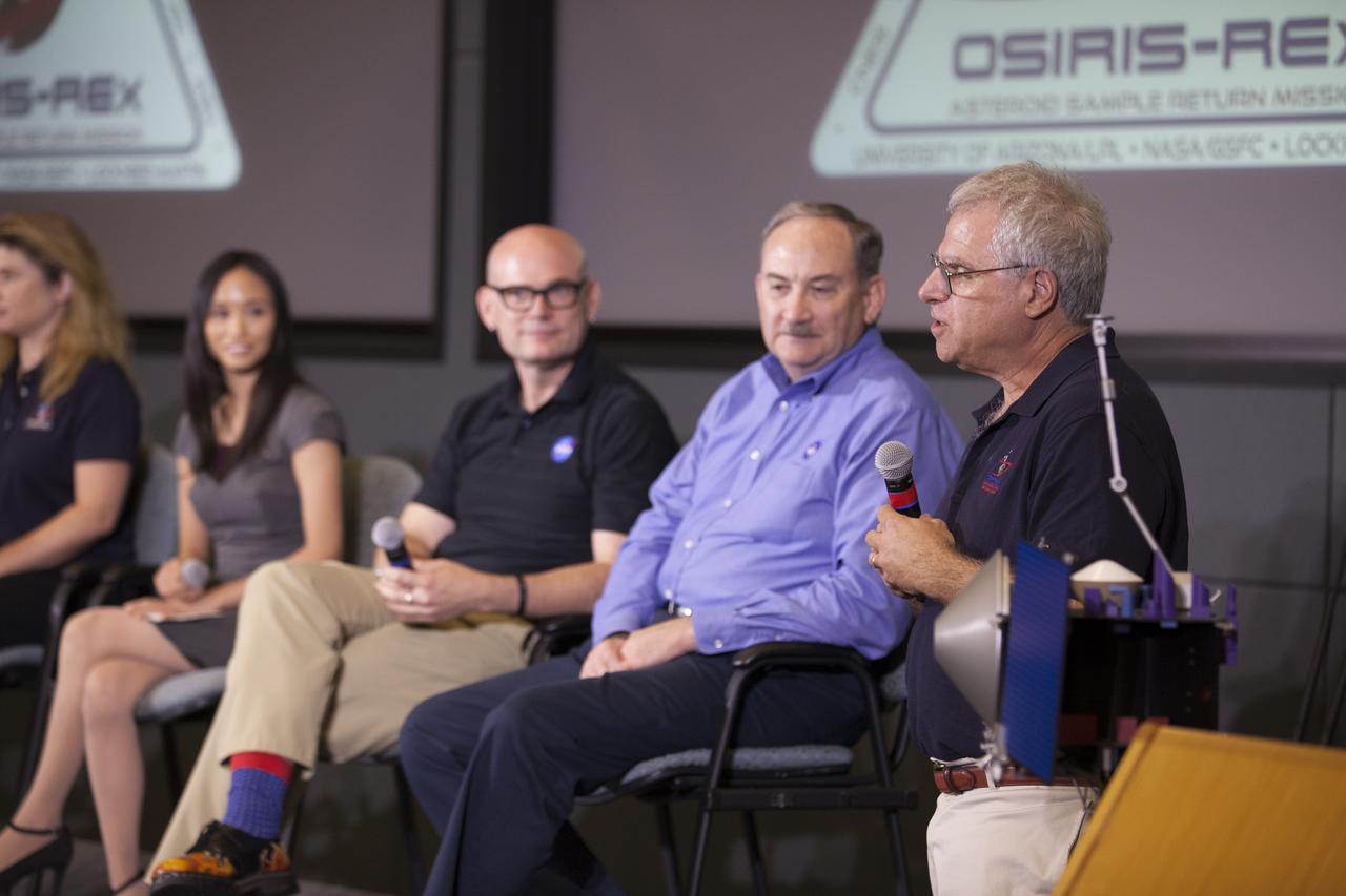 In a panel discussion in the Kennedy Space Center’s Operations Support Building II, social media followers were briefed by NASA scientists on asteroids, how they relate to the origins of our solar system and the search for life beyond Earth. The discussion took place before launch of the agency’s Origins, Spectral Interpretation, Resource Identification, Security-Regolith Explorer, or OSIRIS-REx spacecraft. Panelists in view are, from the left, Felicia Chou, NASA Communications; Alex Young, associate director for science in the Heliophysics Science Division at NASA’s Goddard Space Flight Center in Greenbelt, Maryland; and Lindley Johnson, director of the Planetary Defense Coordination Office in NASA’s Science Mission Directorate. Also participating in the panel discussion are Ellen Stofan, NASA chief scientist and Michelle Thaller, deputy director of science communications for NASA’s Science Mission Directorate.