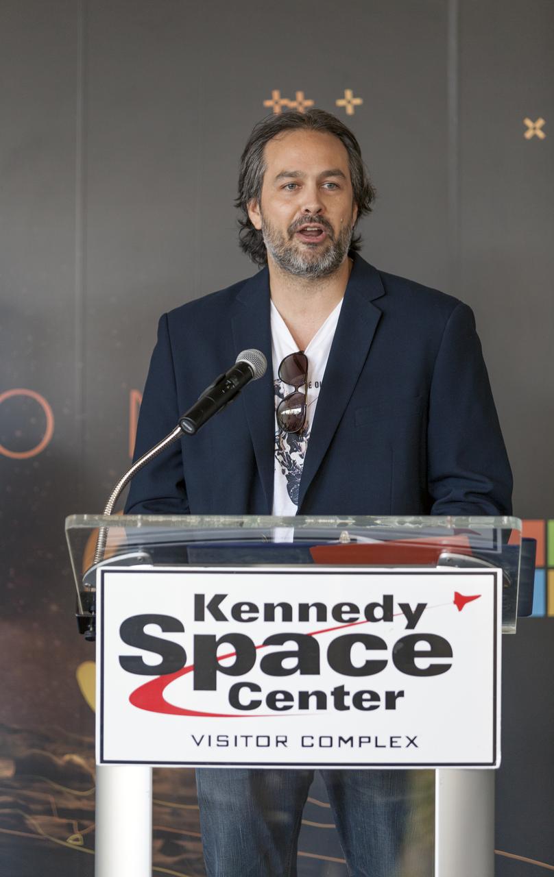 Kudo Tsunoda of Microsoft, speaks to members of the news media during a preview of the new Destination: Mars experience at the Kennedy Space Center Visitor Complex. Destination: Mars gives guests an opportunity to “visit” several sites on Mars using real imagery from NASA’s Curiosity Mars Rover. Based on OnSight, a tool created by NASA’s Jet Propulsion Laboratory in Pasadena, California, the experience brings guests together with a holographic version of Apollo 11 astronaut Buzz Aldrin as they are guided to Mars using Microsoft HoloLens mixed reality headset. Photo credit: NASA/Charles Babir