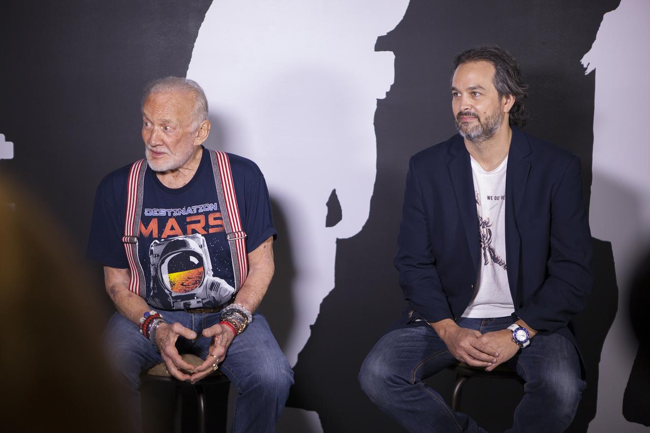Apollo 11 astronaut Buzz Aldrin, left, and Kudo Tsunoda of Microsoft, speak to members of the news media during a preview of the new Destination: Mars experience at the Kennedy Space Center Visitor Complex. Destination: Mars gives guests an opportunity to “visit” several sites on Mars using real imagery from NASA’s Curiosity Mars Rover. Based on OnSight, a tool created by NASA’s Jet Propulsion Laboratory in Pasadena, California, the experience brings guests together with a holographic version of Aldrin as they are guided to Mars using Microsoft HoloLens mixed reality headset. Photo credit: NASA/Charles Babir
