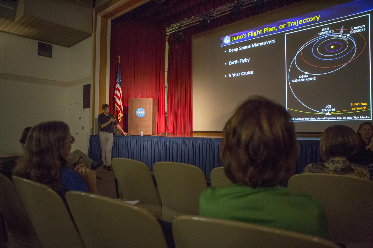 Scott Bolton briefs employees at NASA’s Kennedy Space Center on the progress of the Juno mission to the planet Jupiter. Bolton is the principal investigator for Juno at the Southwest Research Institute in San Antonio, Texas. NASA’s Launch Services Program, which is based at Kennedy, led the successful launch of the Juno spacecraft aboard a United Launch Alliance Atlas V rocket Aug. 5, 2011 from nearby Space Launch Complex 41. Juno arrived at Jupiter on July 4, 2016, and will study our solar system’s largest planet until February 2018. Photo credit: NASA/Cory Huston