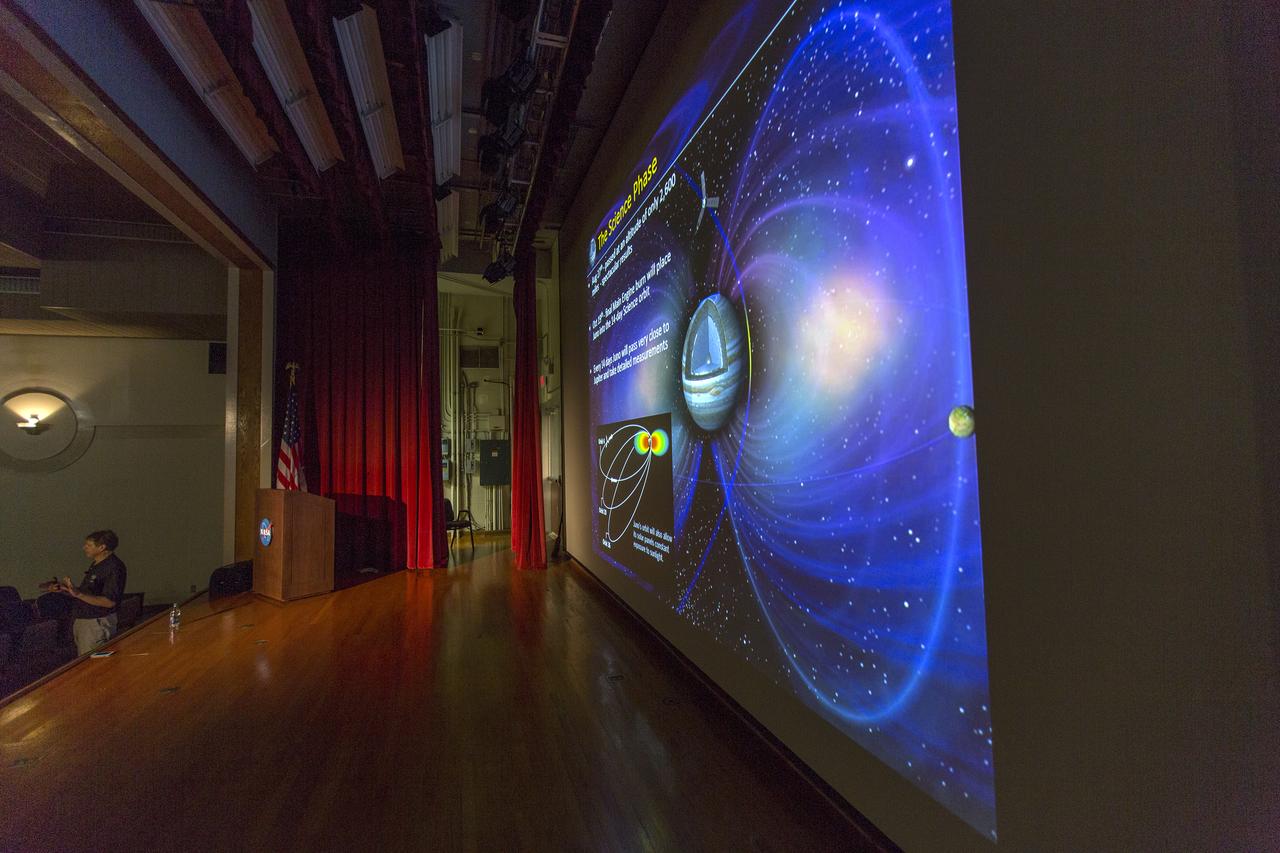 The science phase of the Juno mission to the planet Jupiter is explained in a slideshow presented to Kennedy Space Center employees during a briefing by Scott Bolton, principal investigator for Juno at the Southwest Research Institute in San Antonio, Texas. NASA’s Launch Services Program, which is based at Kennedy, led the successful launch of the Juno spacecraft aboard a United Launch Alliance Atlas V rocket Aug. 5, 2011 from nearby Space Launch Complex 41. Juno arrived at Jupiter on July 4, 2016, and will study our solar system’s largest planet until February 2018. Photo credit: NASA/Cory Huston
