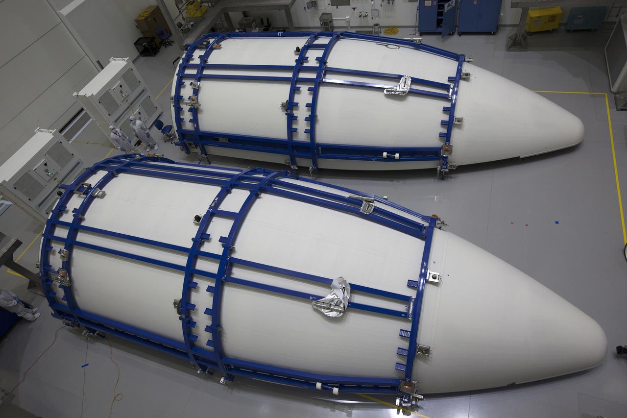 Both halves of the fairing for the Geostationary Operational Environmental Satellite (GOES-R) are being inspected and cleaned by United Launch Alliance (ULA) team members inside the Astrotech payload processing facility in Titusville, Florida near NASA’s Kennedy Space Center. GOES-R will be the first satellite in a series of next-generation NOAA GOES Satellites. The spacecraft is to launch aboard a ULA Atlas V rocket in November. 