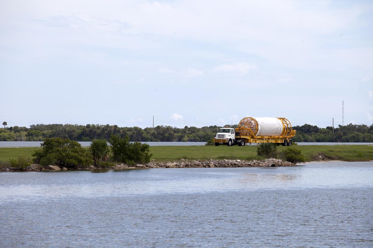 On the same day it arrived, the Atlas V Centaur stage is being transported to the Atlas Spaceflight Operations Center near Space Launch Complex 41 at Cape Canaveral Air Force Station in Florida. The Geostationary Operational Environmental Satellite (GOES-R) will launch aboard the Atlas V rocket in November. GOES-R will be the first satellite in a series of next-generation NOAA GOES Satellites. 