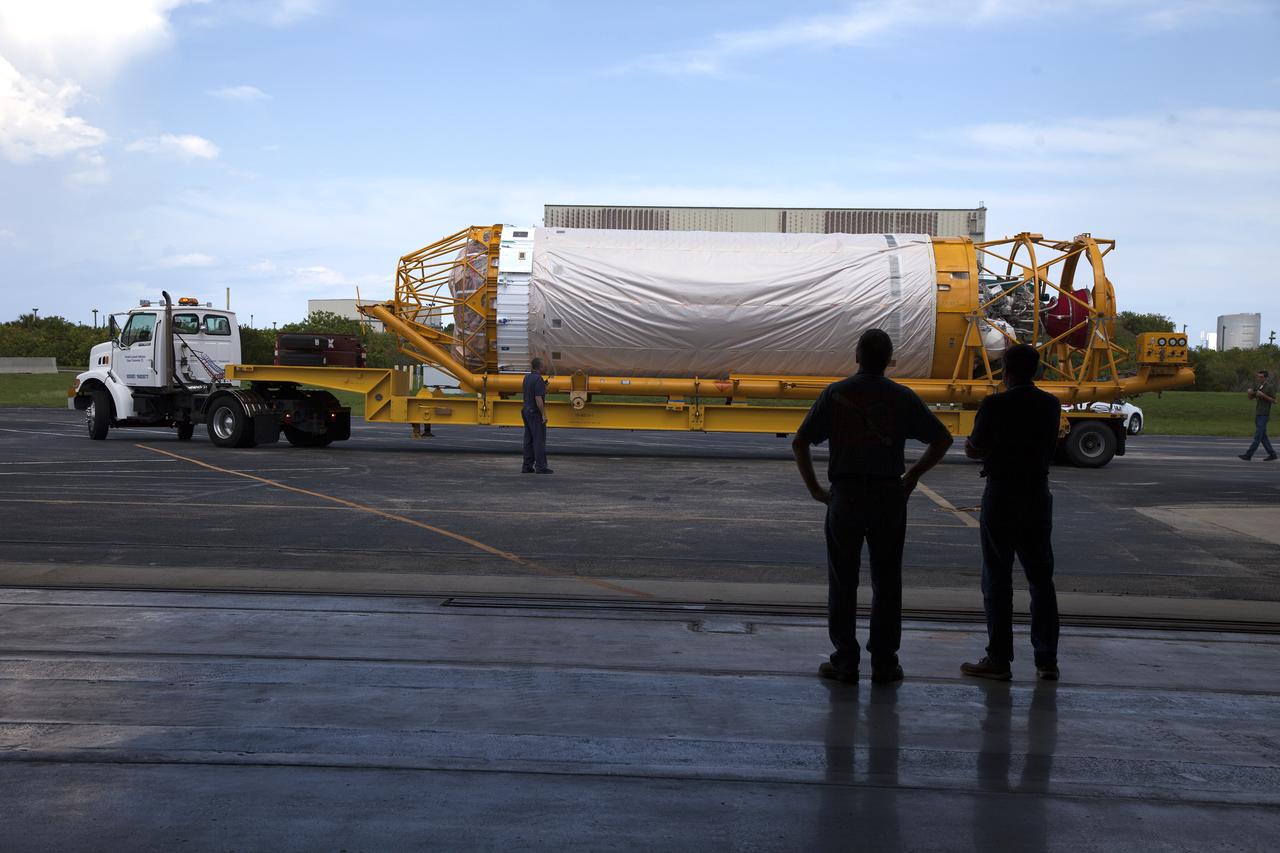 On the same day it arrived, the Atlas V Centaur stage is being transported to the Atlas Spaceflight Operations Center near Space Launch Complex 41 at Cape Canaveral Air Force Station in Florida. The Geostationary Operational Environmental Satellite (GOES-R) will launch aboard the Atlas V rocket in November. GOES-R will be the first satellite in a series of next-generation NOAA GOES Satellites. 