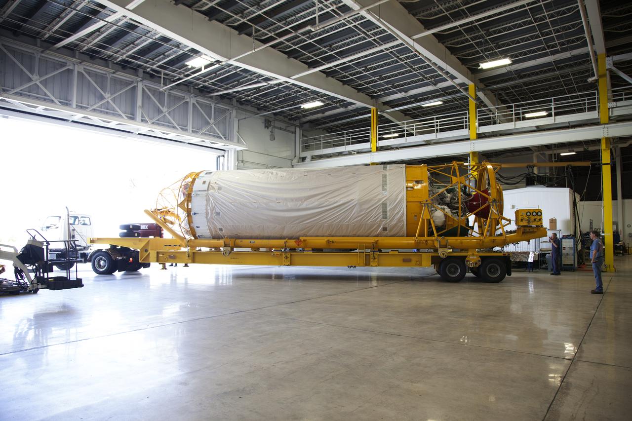 On the same day it arrived, the Atlas V Centaur stage is moved into the Atlas Spaceflight Operations Center near Space Launch Complex 41 at Cape Canaveral Air Force Station in Florida. The Geostationary Operational Environmental Satellite (GOES-R) will launch aboard the Atlas V rocket in November. GOES-R will be the first satellite in a series of next-generation NOAA GOES Satellites.