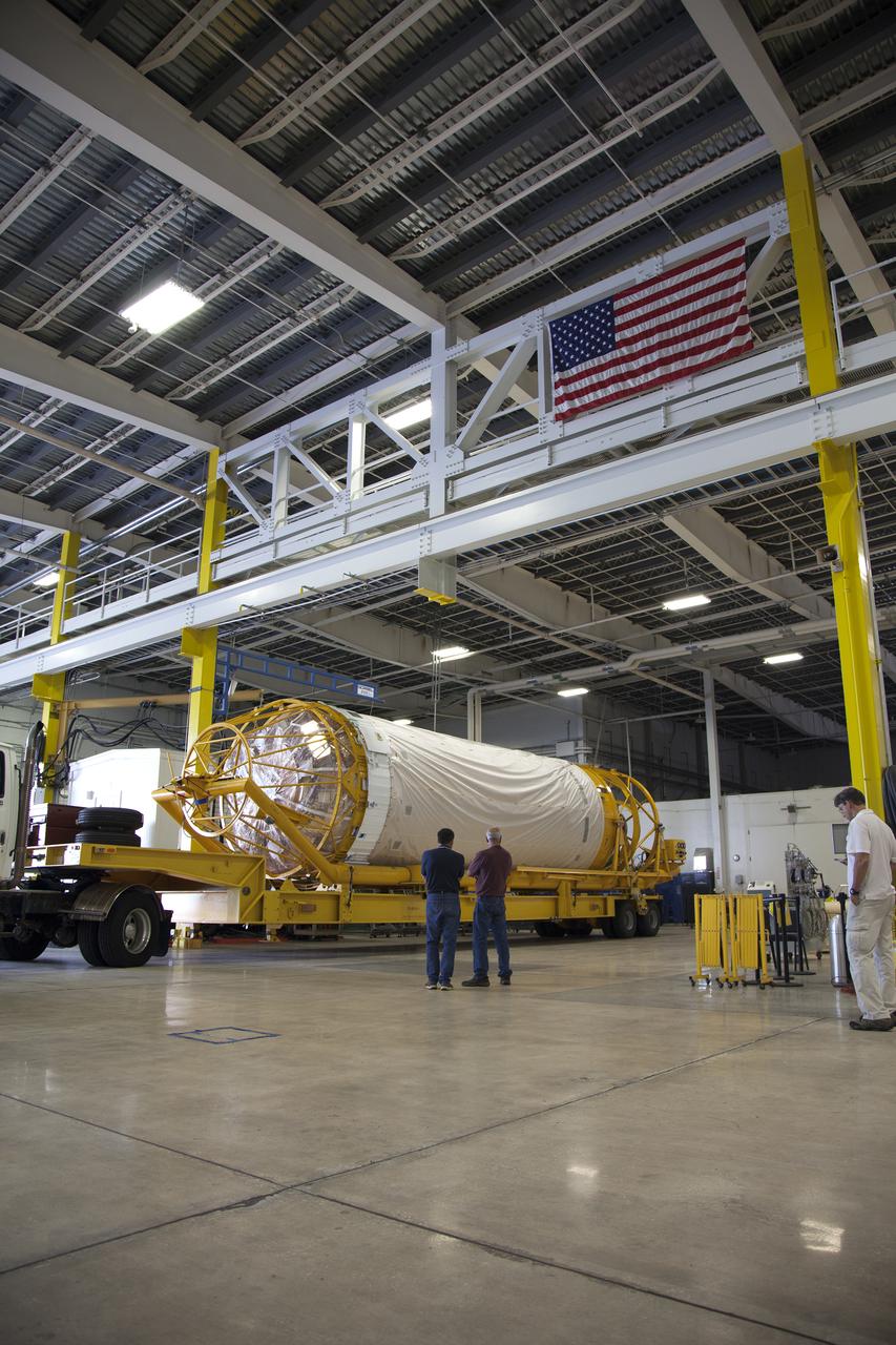 On the same day it arrived, the Atlas V Centaur stage is moved into the Atlas Spaceflight Operations Center near Space Launch Complex 41 at Cape Canaveral Air Force Station in Florida. The Geostationary Operational Environmental Satellite (GOES-R) will launch aboard the Atlas V rocket in November. GOES-R will be the first satellite in a series of next-generation NOAA GOES Satellites.