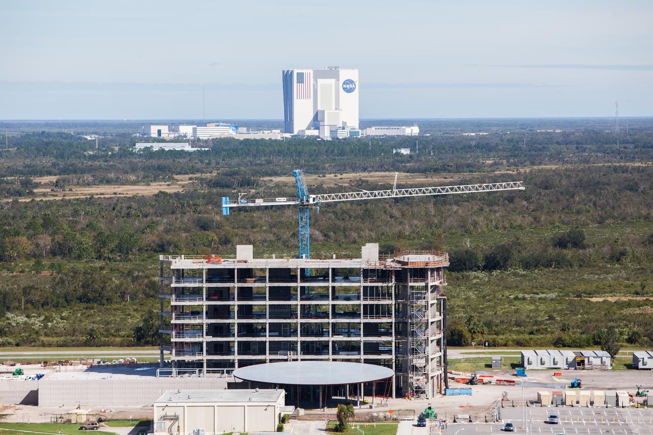 The Central Campus construction site is seen during an aerial survey of NASA's Kennedy Space Center in Florida on Saturday. The survey was performed to identify structures and facilities that may have sustained damage from Hurricane Matthew as the storm passed to the east of Kennedy on Oct. 6 and 7, 2016. Officials determined that the center received some isolated roof damage, damaged support buildings, a few downed power lines, and limited water intrusion. Beach erosion also occurred, although the storm surge was less than expected. NASA closed the center ahead of the storm’s onset and only a small team of specialists known as the Rideout Team was on the center as the storm approached and passed