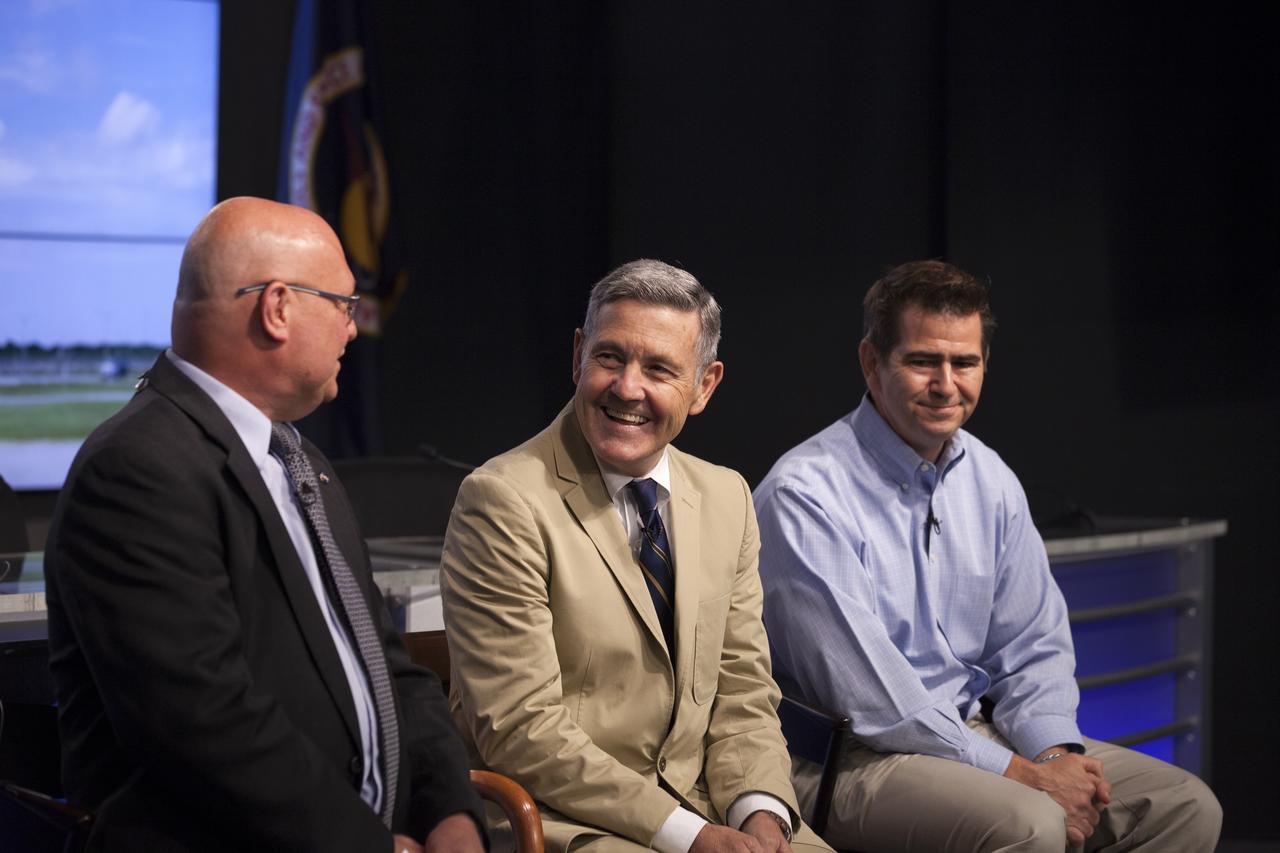 In the Press Site auditorium of NASA's Kennedy Space Center in Florida, NASA officials speak to media about efforts to recover from Hurricane Matthew. From the left are Mike Curie of NASA Communications, Center Director Bob Cabana and Bob Holl, chief of the Kennedy Damage Assessment and Recovery Team. Officials determined that the center received some isolated roof damage, damaged support buildings, a few downed power lines, and limited water intrusion. Beach erosion also occurred, although the storm surge was less than expected. NASA closed the center ahead of the storm’s onset and only a small team of specialists known as the Ride-out Team was on the center as the storm approached and passed.