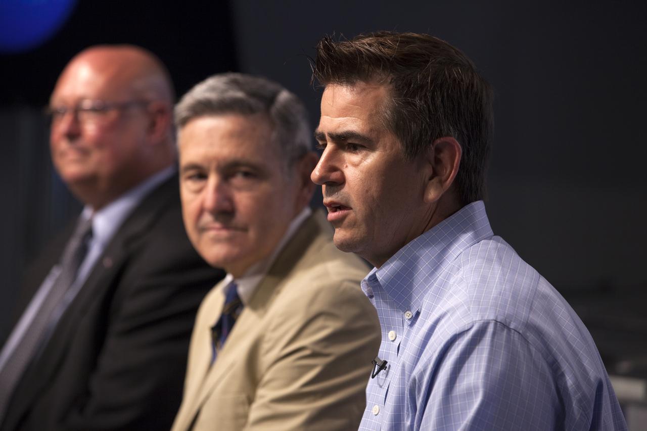 In the Press Site auditorium of NASA's Kennedy Space Center in Florida, NASA officials speak to media about efforts to recover from Hurricane Matthew. From the left are Mike Curie of NASA Communications, Center Director Bob Cabana and Bob Holl, chief of the Kennedy Damage Assessment and Recovery Team. Officials determined that the center received some isolated roof damage, damaged support buildings, a few downed power lines, and limited water intrusion. Beach erosion also occurred, although the storm surge was less than expected. NASA closed the center ahead of the storm’s onset and only a small team of specialists known as the Ride-out Team was on the center as the storm approached and passed.