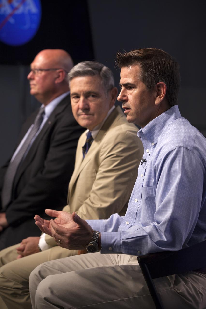 In the Press Site auditorium of NASA's Kennedy Space Center in Florida, NASA officials speak to media about efforts to recover from Hurricane Matthew. From the left are Mike Curie of NASA Communications, Center Director Bob Cabana and Bob Holl, chief of the Kennedy Damage Assessment and Recovery Team. Officials determined that the center received some isolated roof damage, damaged support buildings, a few downed power lines, and limited water intrusion. Beach erosion also occurred, although the storm surge was less than expected. NASA closed the center ahead of the storm’s onset and only a small team of specialists known as the Ride-out Team was on the center as the storm approached and passed.
