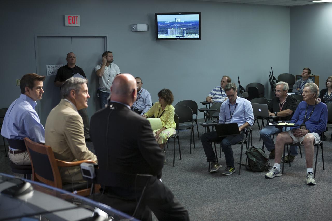 In the Press Site auditorium of NASA's Kennedy Space Center in Florida, NASA officials speak to media about efforts to recover from Hurricane Matthew. From the left are Bob Holl, chief of the Kennedy Damage Assessment and Recovery Team, Center Director Bob Cabana and Mike Curie of NASA Communications. Officials determined that the center received some isolated roof damage, damaged support buildings, a few downed power lines, and limited water intrusion. Beach erosion also occurred, although the storm surge was less than expected. NASA closed the center ahead of the storm’s onset and only a small team of specialists known as the Ride-out Team was on the center as the storm approached and passed.