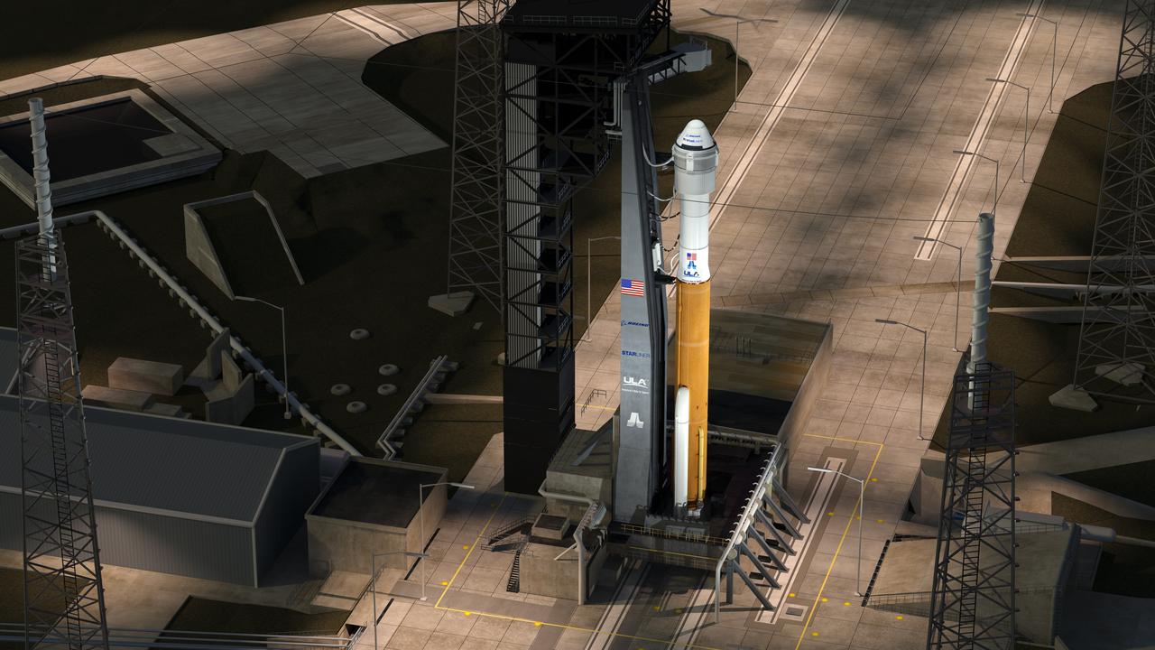 This artist concept shows a United Launch Alliance Atlas V rocket with a Boeing CST-100 Starliner capsule at Space Launch Complex-41 at Cape Canaveral Air Force Station in Florida. The Starliner/Atlas V system is under development by Boeing and ULA in partnership with NASA's Commercial Crew Program to launch astronauts to the International Space Station.