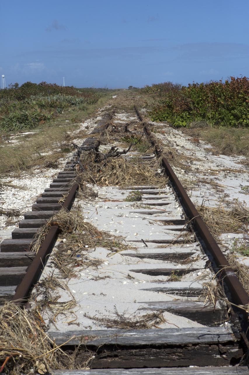 Plant debris left behind by Hurricane Matthew covers a stretch of the NASA Railroad at Kennedy Space Center in Florida.  A portion of the line near the ocean was used during the Apollo era, although some portions were used to deliver commodities to the nearby Cape Canaveral Air Force Station through the end of the Titan program. NASA determined it was financially and ecologically advantageous to leave the tracks in place. Hurricane Matthew, a Category 3 storm, passed to the east of Kennedy on Oct. 6 and 7, 2016. The center received some isolated roof damage, damaged support buildings, a few downed power lines, and limited water intrusion. Beach erosion also occurred, although the storm surge was less than expected.