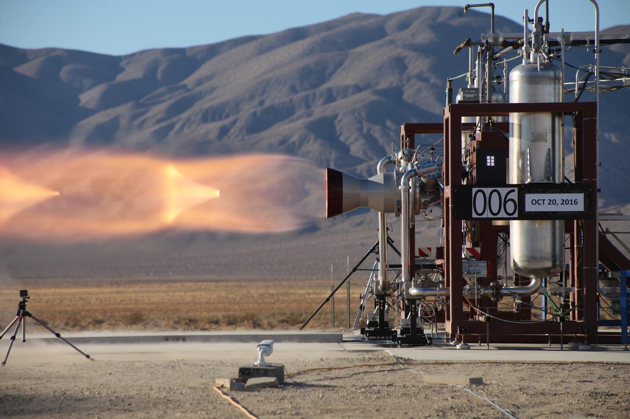 A launch abort engine built by Aerojet Rocketdyne is hot-fired during tests in the Mojave Desert in California. The engine produces up to 40,000 pounds of thrust and burns hypergolic propellants. The engines have been designed and built for use on Boeing’s CST-100 Starliner spacecraft in sets of four. In an emergency at the pad or during ascent, the engines would ignite to push the Starliner and its crew out of danger.