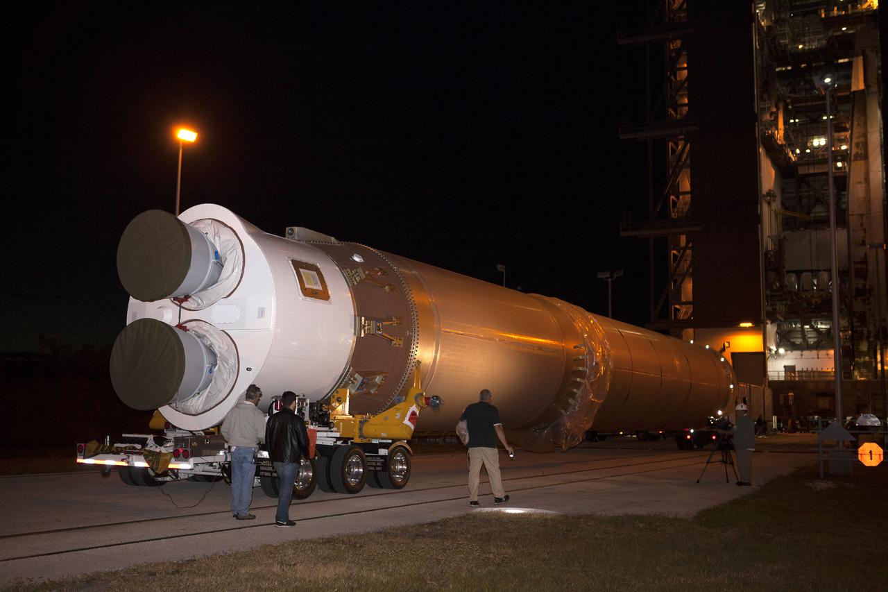 The United Launch Alliance Atlas V first stage arrives at the Vertical Integration Facility at Space Launch Complex 41 at Cape Canaveral Air Force Station in Florida. The Geostationary Operational Environmental Satellite (GOES-R) will launch aboard the Atlas V rocket in November. GOES-R will be the first satellite in a series of next-generation NOAA GOES Satellites.
