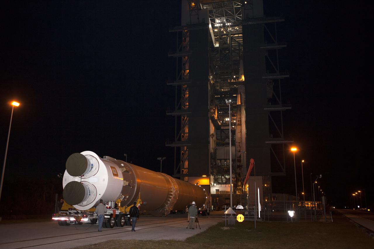 The United Launch Alliance Atlas V first stage arrives at the Vertical Integration Facility at Space Launch Complex 41 at Cape Canaveral Air Force Station in Florida. The Geostationary Operational Environmental Satellite (GOES-R) will launch aboard the Atlas V rocket in November. GOES-R will be the first satellite in a series of next-generation NOAA GOES Satellites. 