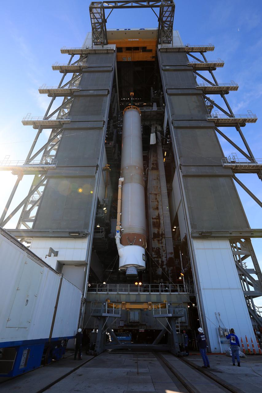 The United Launch Alliance Atlas V first stage has been lifted to the vertical position in the Vertical Integration Facility at Space Launch Complex 41 at Cape Canaveral Air Force Station in Florida. The Geostationary Operational Environmental Satellite (GOES-R) will launch aboard the Atlas V rocket in November. GOES-R will be the first satellite in a series of next-generation NOAA GOES Satellites. 