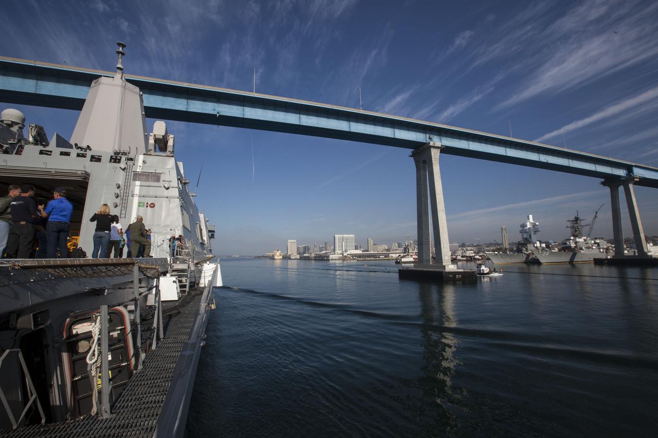 The USS San Diego departs Naval Base San Diego in California on its way out to sea in the Pacific Ocean for the Orion Underway Recovery Test 5. NASA's Ground Systems Development and Operations Program and the U.S. Navy will practice recovery techniques using the well deck of the ship and a test version of the Orion crew module to prepare for recovery of Orion on its return from deep space missions. The testing will allow the team to demonstrate and evaluate recovery processes, procedures, hardware and personnel in open waters. Orion is the exploration spacecraft designed to carry astronauts to destinations not yet explored by humans, including an asteroid and NASA's Journey to Mars. It will have emergency abort capability, sustain the crew during space travel and provide safe re-entry from deep space return velocities. Orion is scheduled to launch on NASA's Space Launch System in late 2018. For more information, visit http://www.nasa.gov/orion. 
