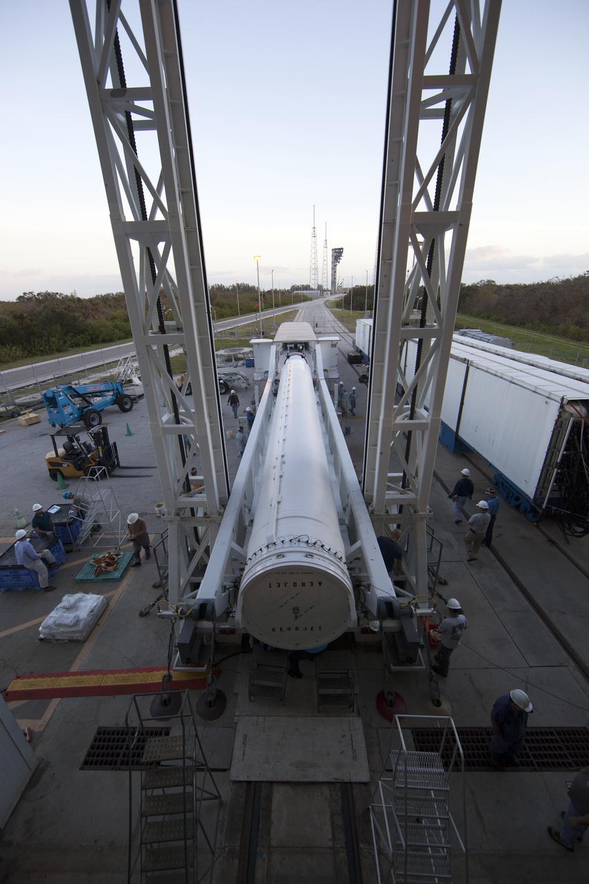Preparations are underway to lift the solid rocket motor up from its transporter for mating to the United Launch Alliance Atlas V rocket in the Vertical Integration Facility at Space Launch Complex 41 at Cape Canaveral Air Force Station in Florida. NOAA's Geostationary Operational Environmental Satellite (GOES-R) will launch aboard the Atlas V rocket this month. GOES-R is the first satellite in a series of next-generation NOAA GOES Satellites.