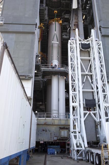 NASA image: GOES-R Atlas V Solid Rocket Motor (SRM) Lift and Mate