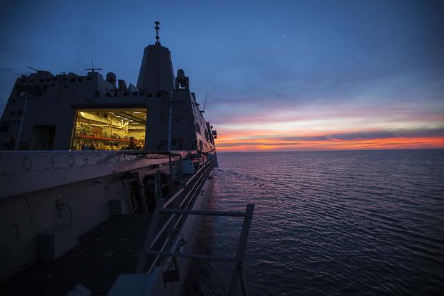 A colorful sunrise illuminates the water on the second day of Underway Recovery Test 5 in the Pacific Ocean off the coast of California. NASA's Ground Systems Development and Operations Program and the U.S. Navy will practice recovery techniques using the well deck of the USS San Diego and a test version of the Orion crew module to prepare for recovery of Orion on its return from deep space missions. The testing will allow the team to demonstrate and evaluate recovery processes, procedures, hardware and personnel in open waters. Orion is the exploration spacecraft designed to carry astronauts to destinations not yet explored by humans, including an asteroid and NASA's Journey to Mars. It will have emergency abort capability, sustain the crew during space travel and provide safe re-entry from deep space return velocities. Orion is scheduled to launch on NASA's Space Launch System in late 2018. For more information, visit http://www.nasa.gov/orion.