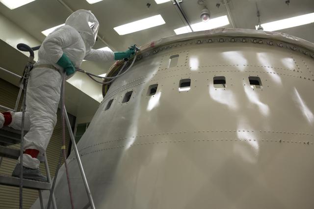 NASA image: Orion EM-1 Booster Preps - Aft Skirt Preps/Painting
